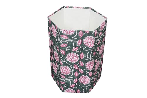 Image of Generic 3.3 Gallon Cotton Hand Block Printed Paper Waste Basket |Small Decorative Trash Can for Housewarming Gifts in Living Room, Bedroom, Bathroom | Eco-Friendly, Plastic-Free (1, LIGHT PINK GREEN)