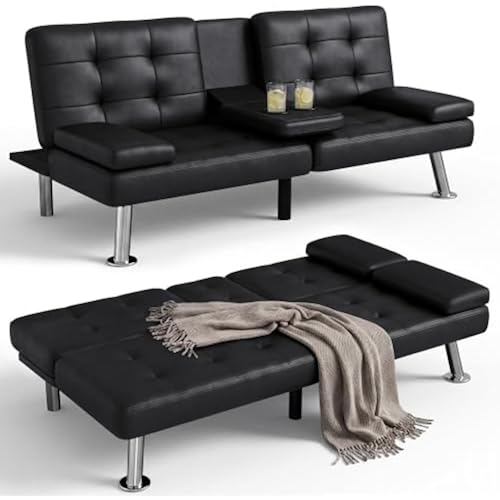 JUMMICO Faux Leather Futon Sofa Bed, Sleeper Sofa with Adjustable Backrest