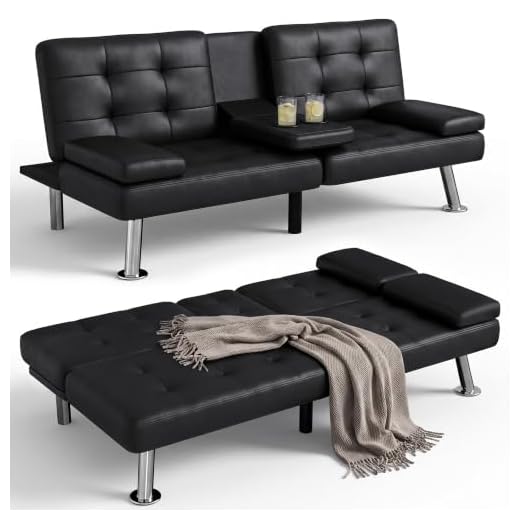 JUMMICO Futon Sofa Bed Faux Leather Couch Bed Modern Convertible Folding Recliner with 2 Cup Holders for Living Room (Black)