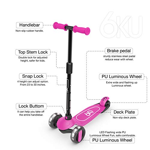 6Ku Scooter For Kids Ages 3-5 With Flash Wheels, Kids Scooter 4 Adjustable Height, Toddler Scooter Extra-Wide Pu Led Wheels, 3 Wheel Scooter For Kids For Girls & Boys Learn To Steer(Pink) #TOP2