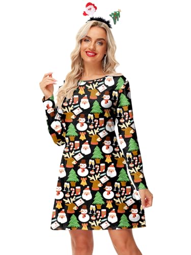 Arankhiger Damen Xmas Midikleid Weihnachten Kleid Langarm Weihnachtskleid Santa M