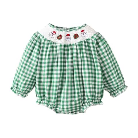 Willow Dance Newborn Baby Girl Christmas Outfit Embroidery Santa Gingerbread Plaid Bubble Romper Puff Sleeve Smocked Bodysuit green 6-12M Cover