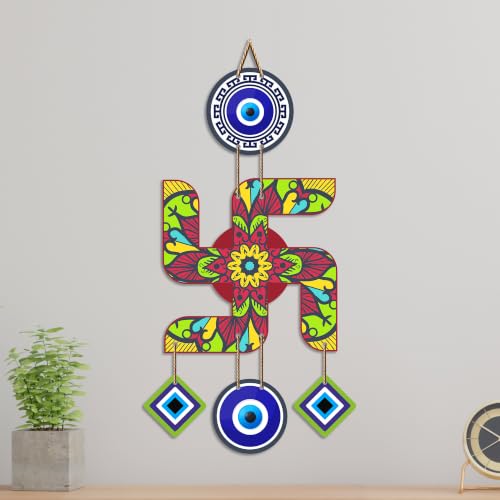 Image of Artvibes Decorative Swastik Wall Hanging with Evil Eye & Mandala Design | Auspicious Hindu Vastu Decor for Positive Energy and Good Fortune | Wooden Hanging Ornament for Entrance Door (WH 85103N)