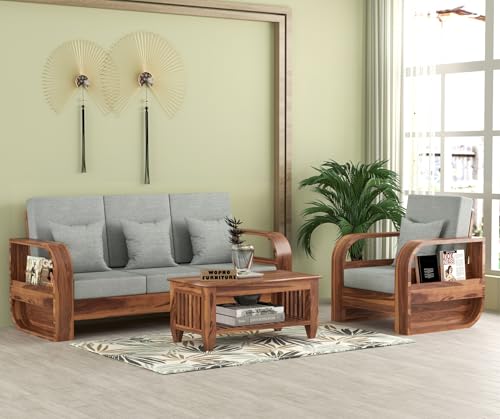 Image of Sheesham Wooden 4 Seater Sofa Set for Living Room | Solid Wood Sofa | Rosewood Sofa Set for Home & Office | Lounge (Honey,Grey,3+1 Seater)