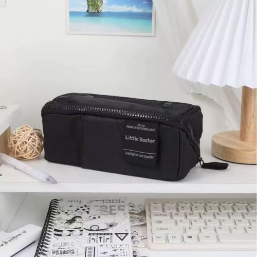 Image of WORSHIPER Multi-Functional Soft Pencil Case for Girls | Large Capacity Zipper Pouch with Multiple Compartments | Aesthetic Stationery Organizer for School, College & Office (Soft More Black)