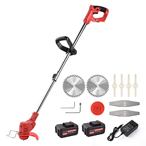 Weed Wacker Weed Eater with 3Types Blades,Electric Brush Cutter Stringless Cordless Grass Weed Trimmer Battery Powered for Lawn Garden Pruning/Trimming,2Pcs 36Tv 4Ah Batteries,Lightweight by AHPUCEP