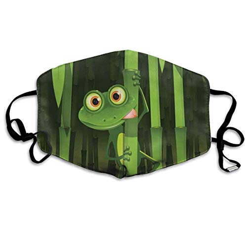 Preisvergleich Produktbild Mundschutz Atmungsaktive Gesichtsmundabdeckung Staubdichte lustige Illustration des freundlichen lustigen Frosches auf Stiel der Bambusdschungelbäume Netter Naturbilddruck, Gesichtsdekorationen
