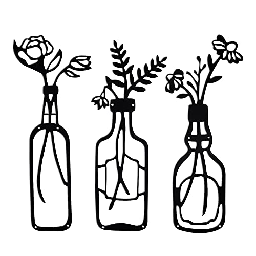 TENGZHEN Set of 3 Metal Vase Flowers Wall Art Metal Flower Wall Art Wall Decor Hanging Iron Wall Sculptures Hanging for Home Bedroom Bathroom Kitchen Garden Outdoor and Indoor Housewarming Gift(Black)