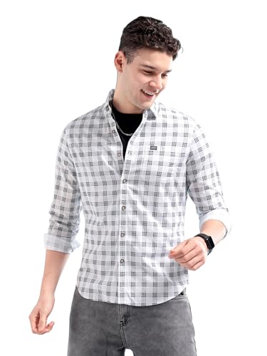 The Indian Garage Co Camisa casual a cuadros ajustada para hombre, blanco, 44