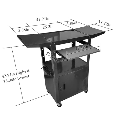 AV Cart with Locking Cabinet and Keyboard Tray Height Adjustable Utility Cart with Extra Storage,Computer Cart with Wheels and Power Strip for Presentations Office Holds 300 Lbs(Black/43”x18”x43”)