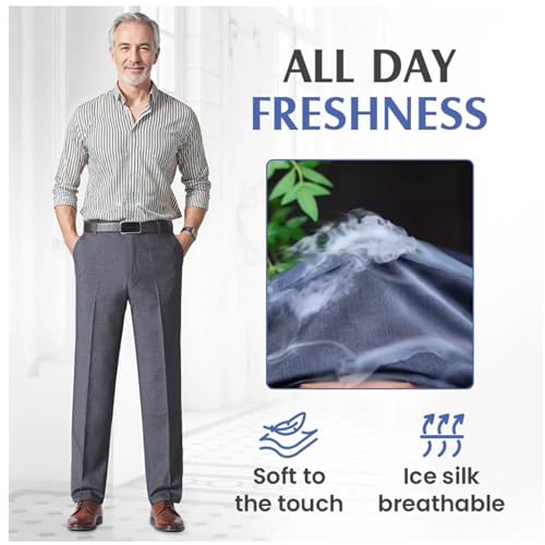 OldenEase Men’s Pleated Ice Silk High-Waist Comfort Pants, Double Pleats Pleat-Front Dress Pant, Men Business Suit Pants2