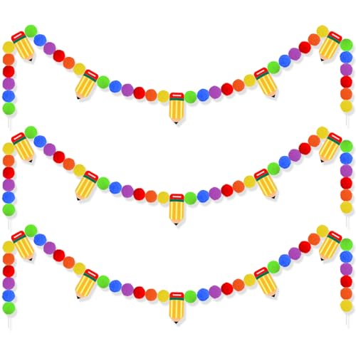 Image of 3 Pcs Back to School Felt Banner Pencil Garland Classroom Return to School Pom Pom Ball Colorful Pompom Hanging Banner Hanging Garland for First Day of School Classroom Decoration