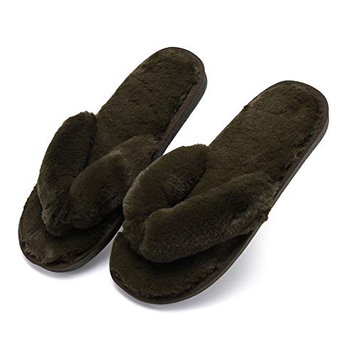 Image of Womens Faux Fur Slippers Warm Fussy Flip Flop House Slippers Open Toe Home Slippers for Girls Men
