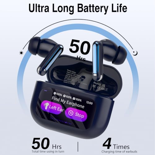 Image of Thunelec Wireless Earbuds with Touch Screen, 2026 New Bluetooth 5.4 Headphones with ANC /ENC Mic, 50H HiFi Stereo Ear Buds with 5 EQ Modes, Transparency Mode, IPX7 Earphones for Running /Fitness, Blue