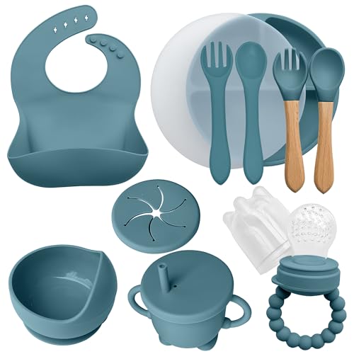 AYBABY Coffret Repas en Silicone pour Bébé (10 pièces) – Assiette & Bol Antidérapants avec Ventouse/Couverts (Fourchette et Cuillère) / Tasse Hermétique/Bavoir & Grignoteuse – Cadeau Naissance (bleu)