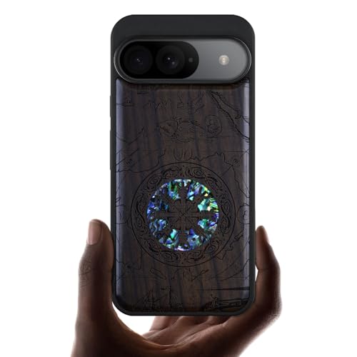 Coque pour Google Pixel 9 étui en bois sombre et incrustation coquille motif viking