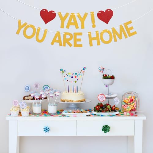 Image of Yay! You're Home! Banner - Welcome Back to Home Sign, Family Reunion Party Bunting Sign, Welcome Home Party Decorations Gold Glitter