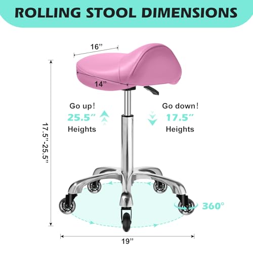 Image of Saddle Stool Chair with Wheels, Ergonomic Thicker Saddle Seat Design for Healthy Sitting Posture, PU Leather, Rolling Saddle Stool with Silent Rubber Wheels Adjustable for Salon Massage Home, Pink