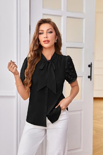 Belle Poque Summer Short Sleeve Office Button Down Blouse Vintage Business Casual Shirts Tops with Bow Tie4