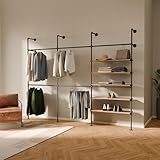 pamo Industrial Pipe Clothing Rack with Shelf – Wall Mounted Closet System, Black Powder-Coated Steel, Oak Boards – Walk-In Closet Organizer & Retail Clothing Rack