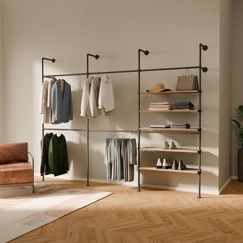 pamo Industrial Pipe Clothing Rack with Shelf – Wall Mounted Closet System, Black Powder-Coated Steel, Oak Boards – Walk-In Closet Organizer & Retail Clothing Rack