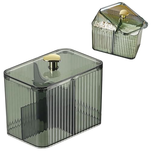 HoopVool® Cosmetic And Makeup Organizer Box, Cotton Swabs Storage with Lid,Makeup Pad Holder, Bathroom Canister Multipurpose Box Divided for Face Brush Pens. (Green Heart)