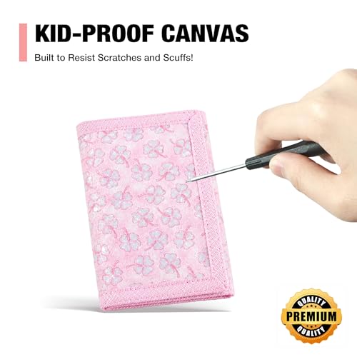 Image of Kids Wallets for Girls, Little Girls Wallet for Kids, Wallet for Teen Girls, Toddler Wallet for Girls with Magic Sticker, RFID Nylon Wallet /Canvas Wallet with Coin Pocket for Gifts, Pink Leaf
