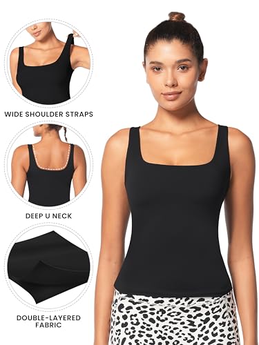 Sunzel Women's Square Neck Tank Top Longline Workout Yoga Sleeveless Double Lined Basic Tight T Shirts Going Out Casual Tops2