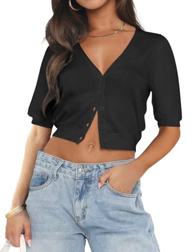 Ezbelle Summer Women's V Neck Cardigan Sweater Knit Sexy Short Sleeve Tops Crop Button Down Shirt 2026