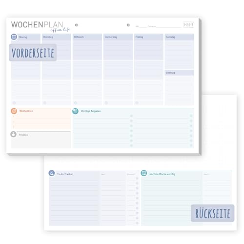 Häfft® Wochenplaner Block A4 ohne festes Datum 'Office Life' 50 Blatt - Terminplaner undatiert mit To-do-Liste, Zielen & mehr - klimafreundlich & nachhaltig