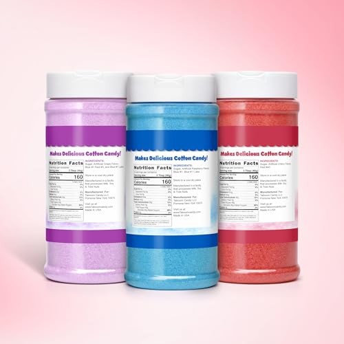 Image of Cotton Candy Sugar Floss Variety Pack - Grape, Raspberry & Cherry Flavors, 3 Bottles (12oz Each) Includes 55 Cones for Home & Commercial Cotton Candy Machines, Parties, Carnivals & Events