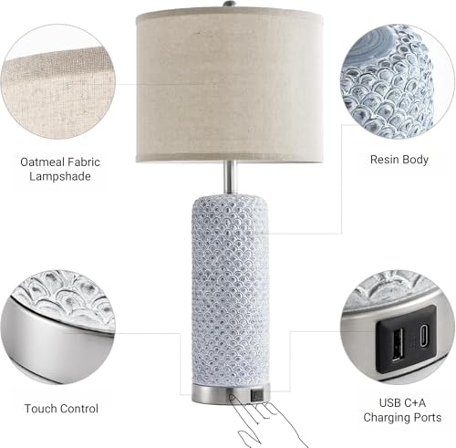 28" Living Room Lamps Set of 2, Dimmable Touch Table Lamps for Nightstand with USB C+A Charging Ports, Grey Table Lamps for Bedroom, 2 Bulbs Included