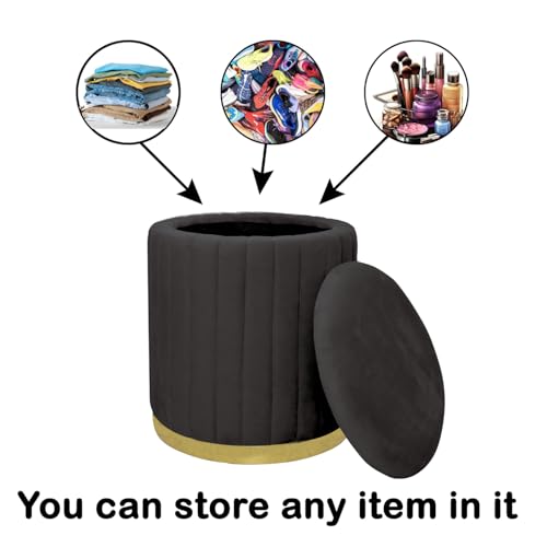 Image of Round Velvet Luxurious Storage Ottoman, Pouf with Storage Vanity Stool Chair,Upholstered Foot Rest Stool with Gold Strip Base for Living Room or Bedroom (Black., Large-40Dx40Wx46H)