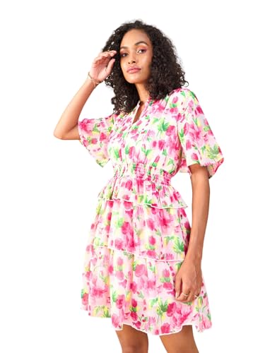 Image of SASSAFRAS Women's Layered Hem Short- Floral Printed Flared Sleeve Layered Georgette Fit & Flare Dress