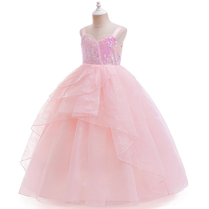 Girl Sequins Tulle Dress Princess Party Prom Ball Gown Pink Witch Dresses with Crown and Wand3