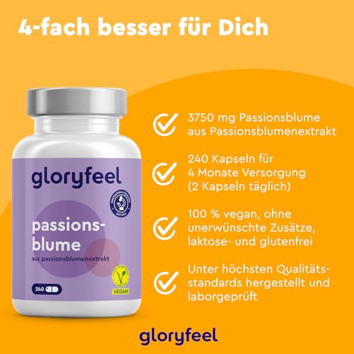 Passionsblume Kapseln Hochdosiert - 240 Kapseln - 3750mg Passionsblume (937,5mg Passionsblumen Extrakt) - Gegen Unruhe, für Entspannung* - Laborgeprüft, ohne Zusätze in Deutschland hergestellt