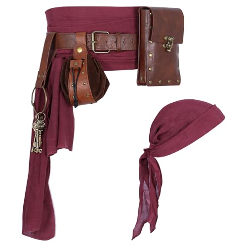 Renaissance Pirate Belt with Pouch Waist Bag Pirate Head Scarf 6-Pack