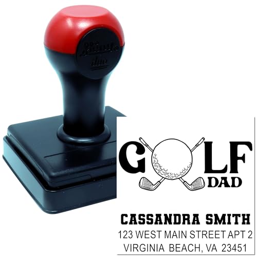 Image of Golf Dad Duo Hand Envelope Stamp - for Shipping and Labeling | Personalized Golf Stamp. Envelope Stamp. Any standard pad works. One household per die. Up to 50 characters per line.