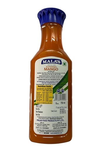 Image of Mala's Alphonso Mango Syrup | Aaphus | 750ML Bottle | Mixer for Fruit Shakes, MilkShakes, Raas, Falooda, Mocktails, Cocktails, Drinks, Juices, Beverages