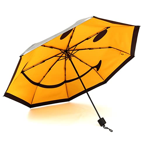 Suck UK Paraguas Smiley para lluvia y paraguas de viaje compacto Cara sonriente invertida paraguas de lluvia regalos para mujeres paraguas a prueba de viento y paraguas UV amarillo accesorios de viaje Cover