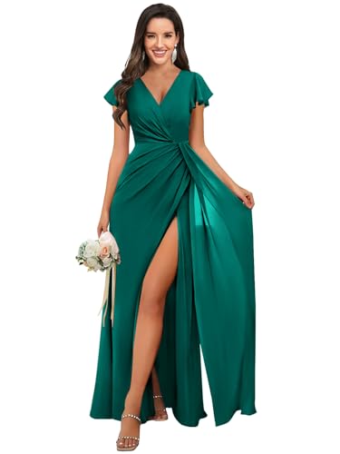 Image of FSTUSM Short Sleeve Bridesmaid Dresses for Wedding Ruched Chiffon A Line Evening Formal Gown with Slit