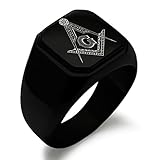 Tioneer Black Plated Stainless Steel Floral Compass Freemasons Masonic Symbol Square Flat Top Signet Biker Rings for Men, Size 9