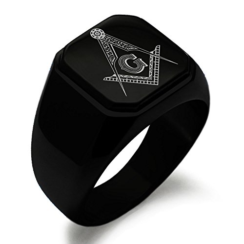 Tioneer Black Plated Stainless Steel Floral Compass Freemasons Masonic Symbol Square Flat Top Signet Biker Rings for Men, Size 9