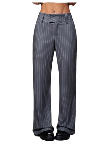 MakeMeChic Women's Striped Dressy Pants Straight Leg Work Office Long Trousers