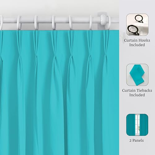 Image of Triple Pinch Pleated Blackout Curtains Thermal Insulated Room Darkening Curtains for Bedroom /Livingroom Pack of 2 Panels, Tiebacks, Hooks (Aquamarine Blue)
