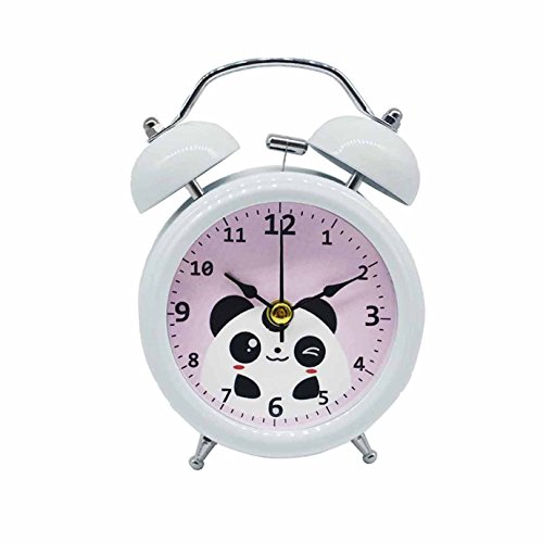 LA HUATE Réveil en métal à double cloche en forme de panda - Horloge de bureau silencieuse - Analogique - Avec veilleuse - Noir et blanc