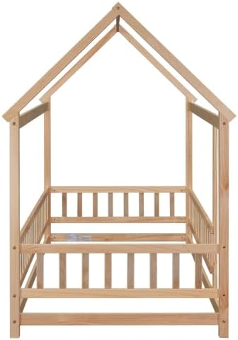 Miniatura 28 de Cama de suelo de tamaño matrimonial con valla para niños pequeños, cama Montessori con techo de casa, marco de cama de piso de madera matrimonial
