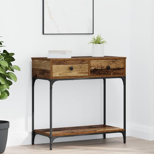 ROMHZKS Table console en bois vieilli 75 x 34,5 x 75 cm avec deux tiroirs et étagère en bois d'ingénierie Table d'appoint rustique pour salon et bureau avec...