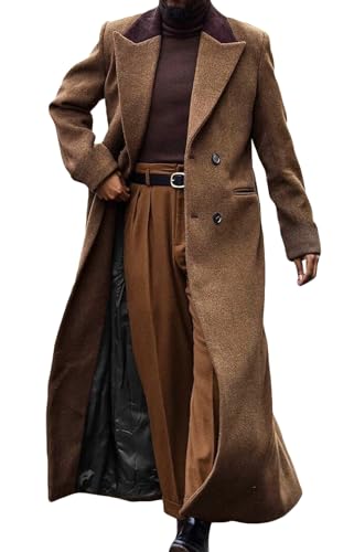 Image of Man's Double Breasted Full Length Trench Coat Casual Corduroy Collar Long Jacket Peacoat Wool Blend Winter