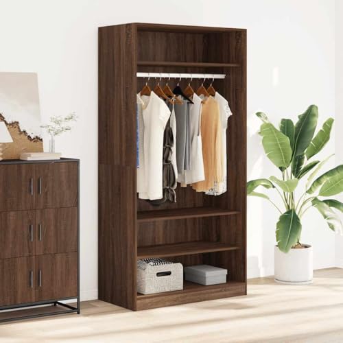 Teenpull Armario de madera de roble marrón, 100 x 50 x 200 cm, con barra para colgar y estantes, espacio de almacenamiento moderno para dormitorio, vestidor y habitación juvenil